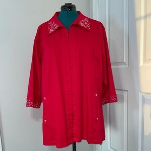 Women’s 2X Red Cotton Stretch Bling Duster Jacket 3/4 Sleeves Pockets Boho